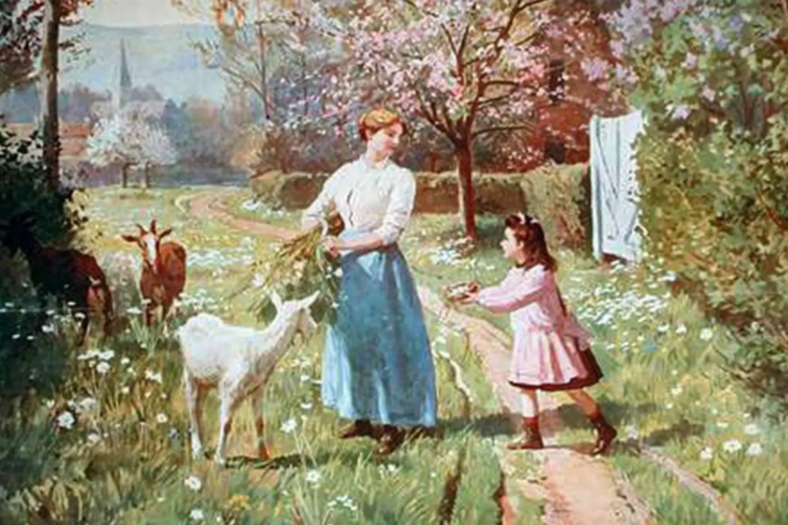 eine Mutter, die ihrer Tochter beibringt, die Ziegen zu füttern Poster mit Holzrahmen von iding store