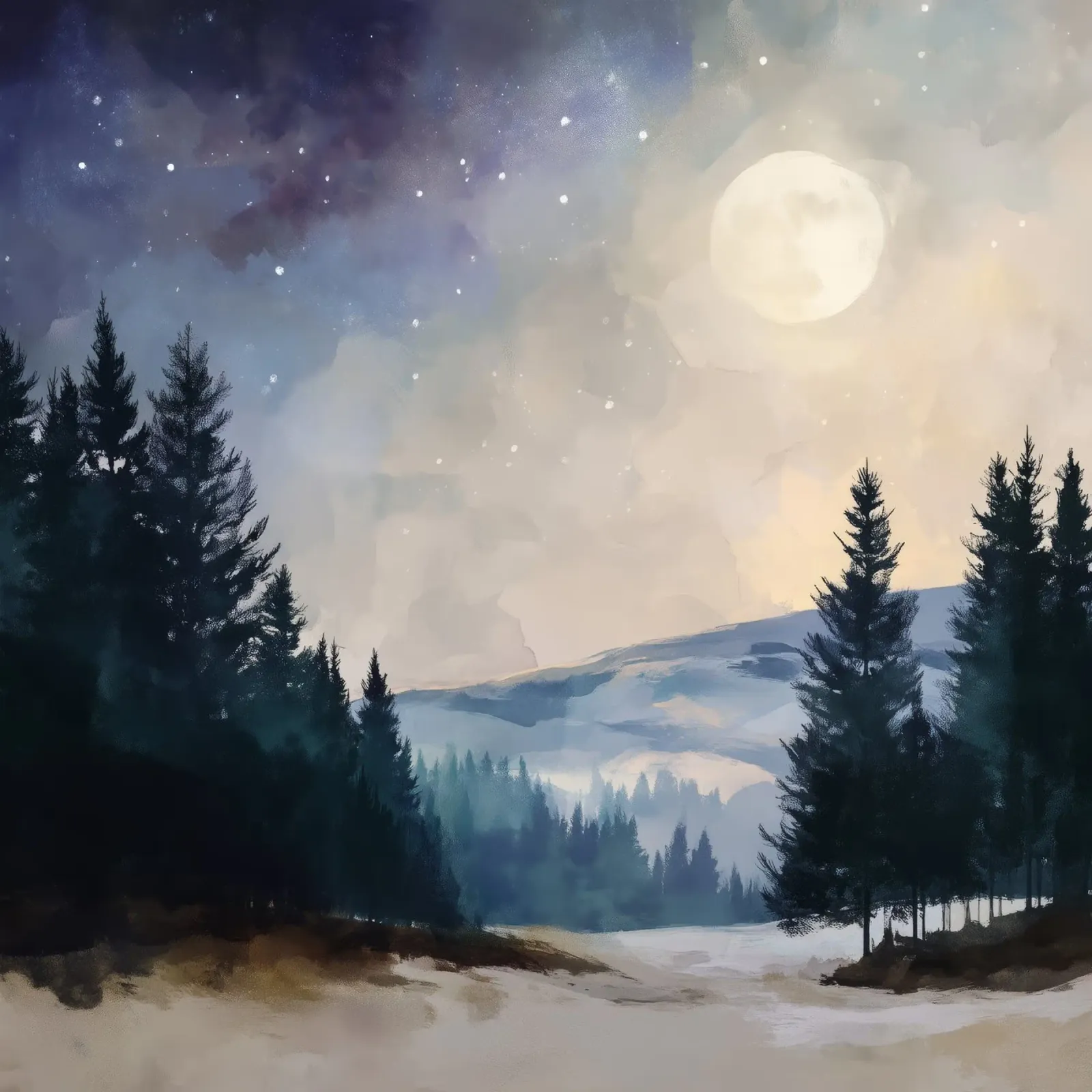 Winter Forest Landscape - Snowy Trees and Full Moon Wall Art poster con marco de aluminio de Dune