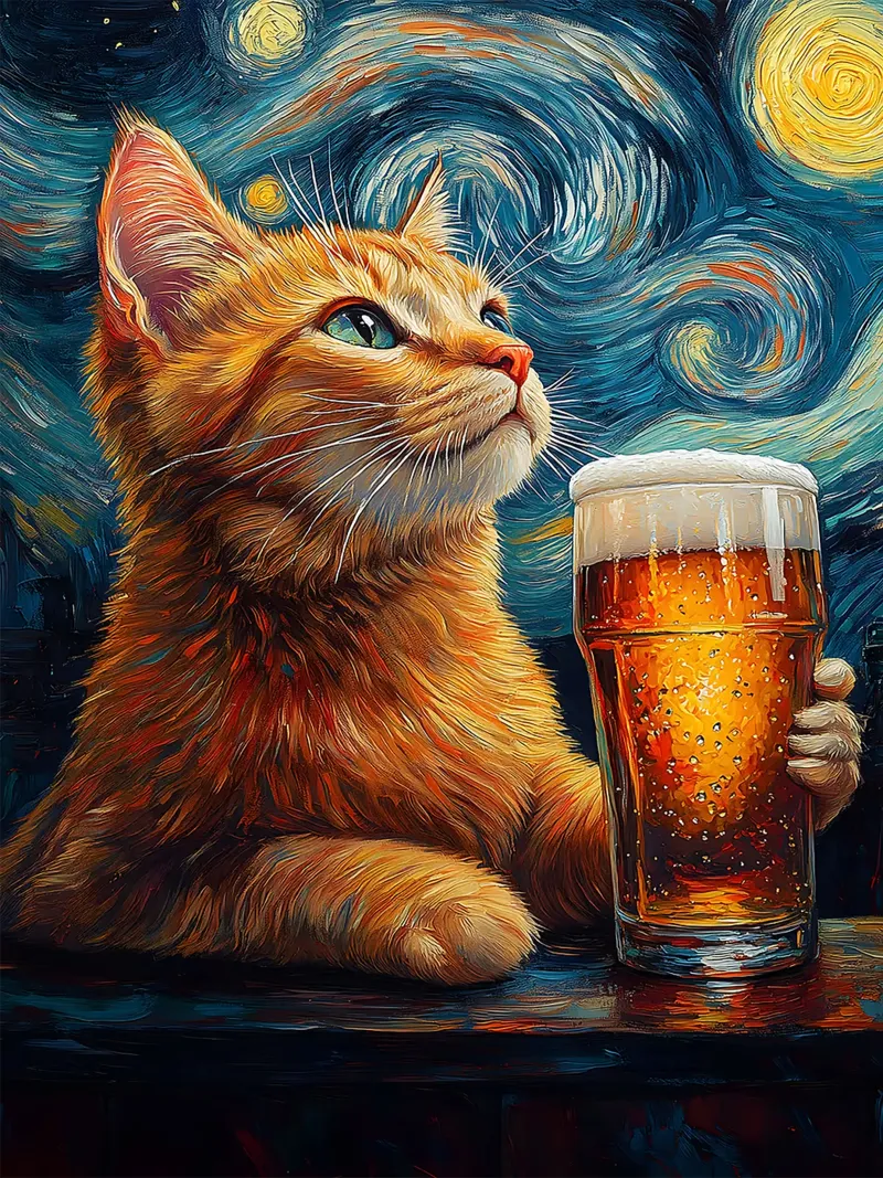 gatto birra bicchiere notte stellata stelle bere poster da Hannah Meyer