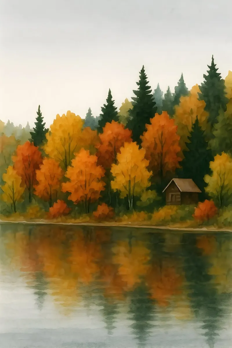 Capanna al lago d'autunno poster con telaio in alluminio da Sea of Calm
