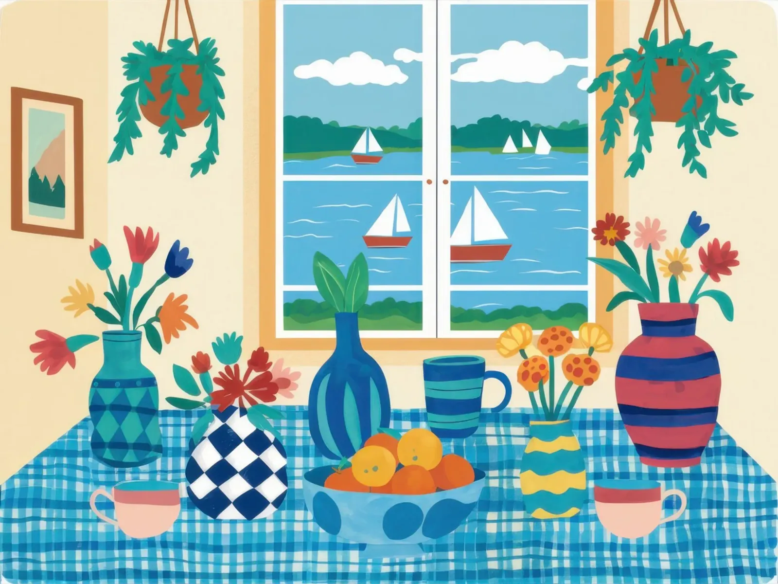 Pranzo a scacchi in riva al mare poster con telaio in plastica da Bruce Juice