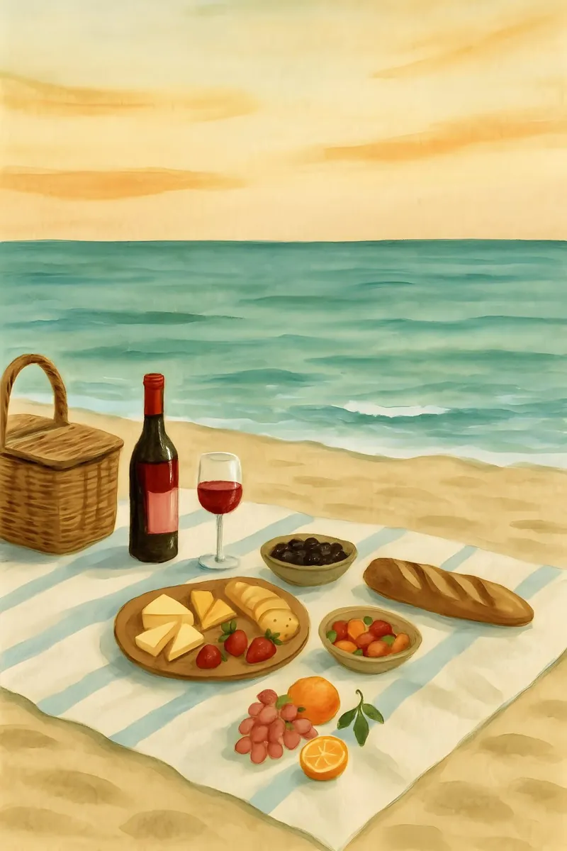 Picnic in riva al mare poster con telaio in alluminio da Sea of Calm