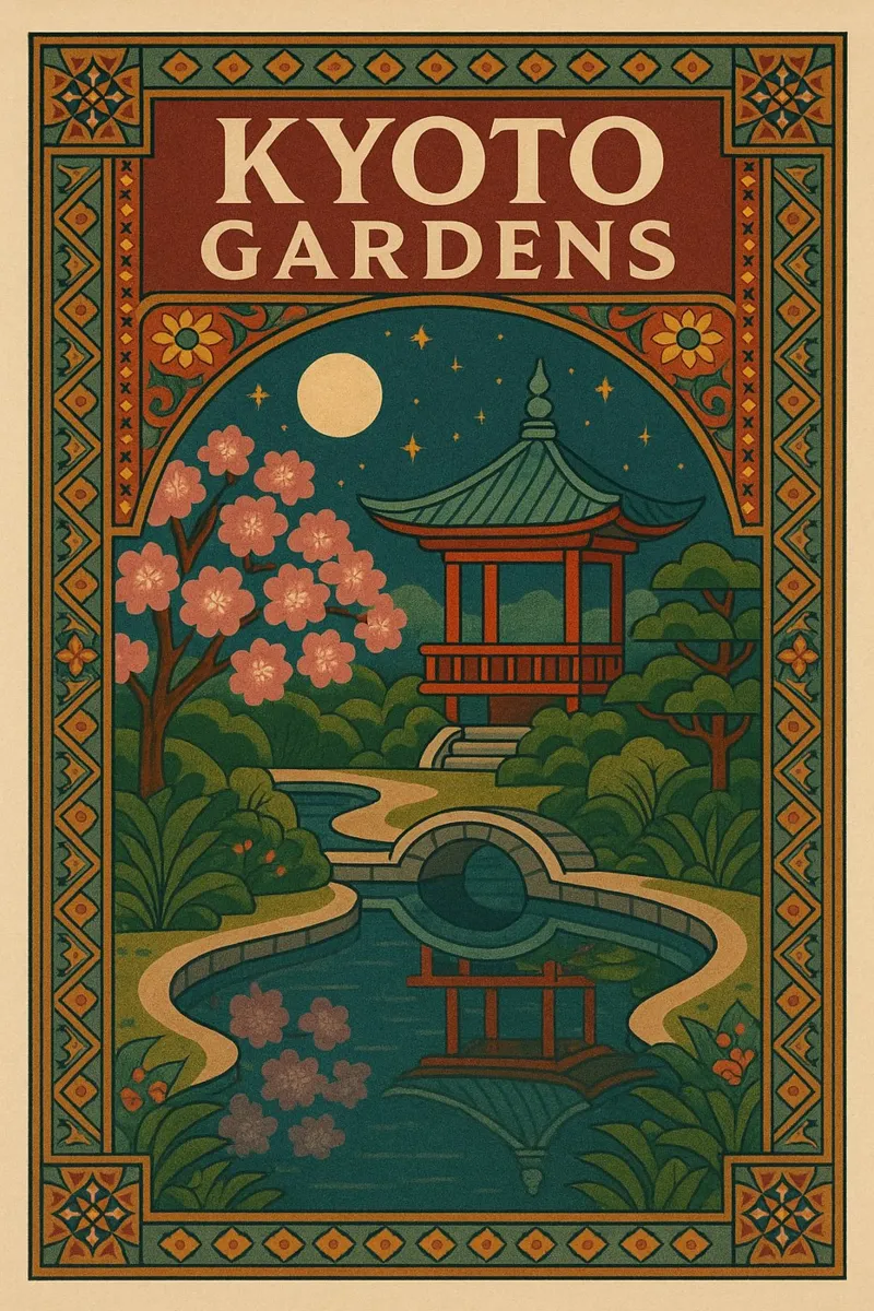 Giardini di Kyoto - Poster d'epoca sui giardini giapponesi poster con telaio in alluminio da JETLAG | affiches voyage