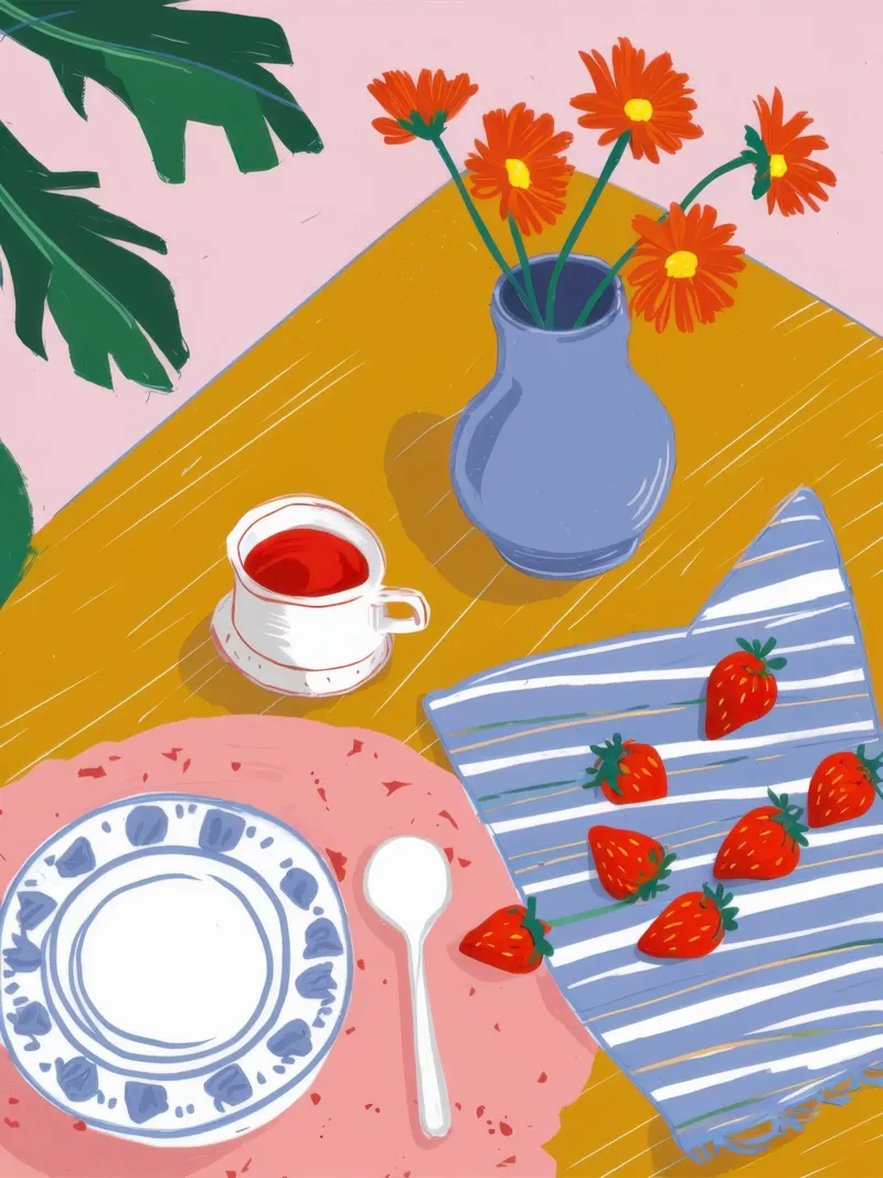 Tè alla fragola Stillness poster con telaio in alluminio da Bruce Juice