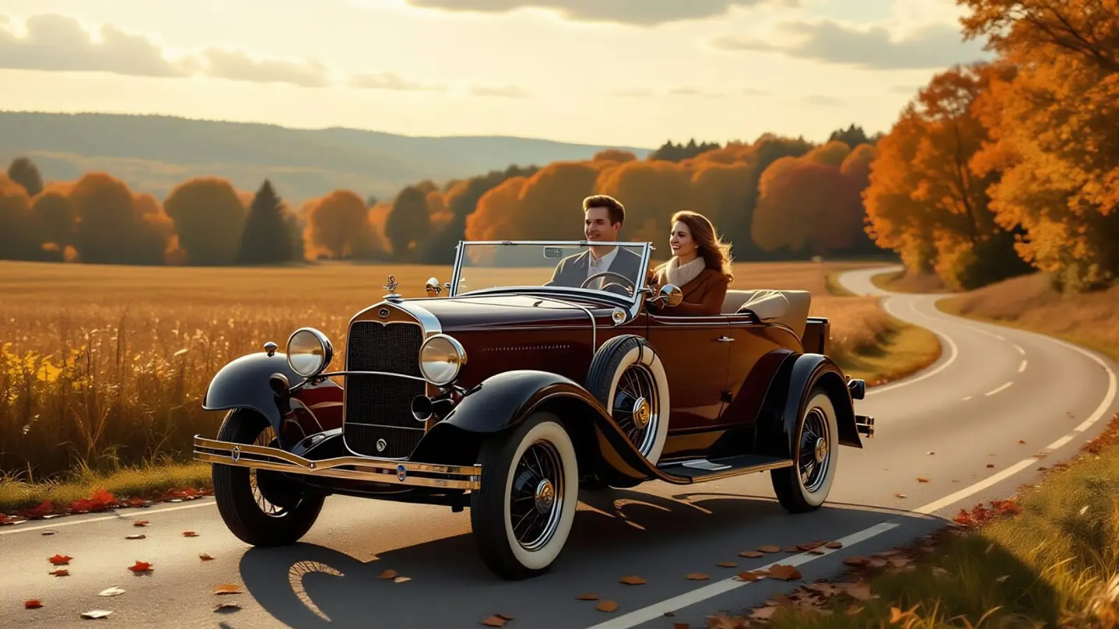 Paar op reis in een Ford Model A cabriolet poster met houten frame van Magic Screen