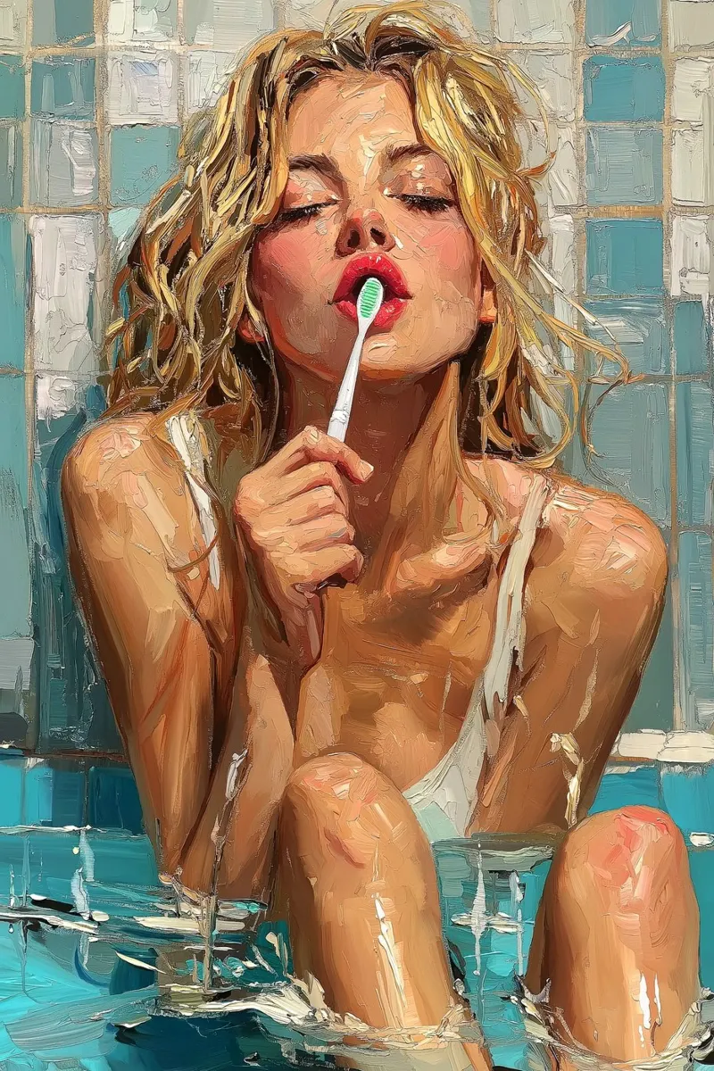 "Rituale mattutino con spazzolino da denti" - Impressionismo moderno tela con Cornice a cassetta da Synthaira