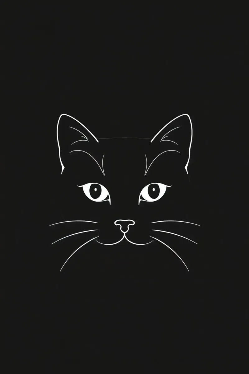 Sfondo nero con disegno lineare bianco di un volto di gatto poster con telaio in alluminio da DesignDoodle