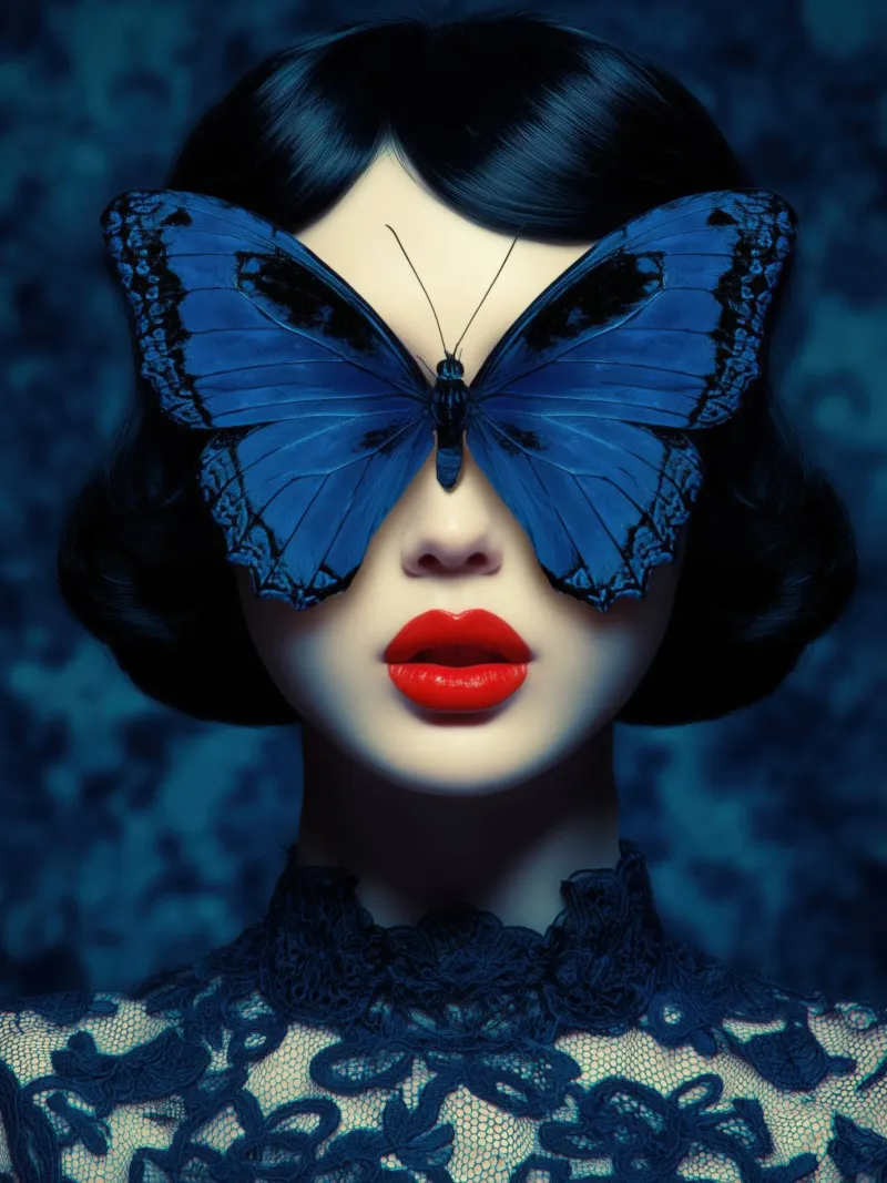 Donna con farfalla | Lusso misterioso poster con telaio in legno da Autofocus
