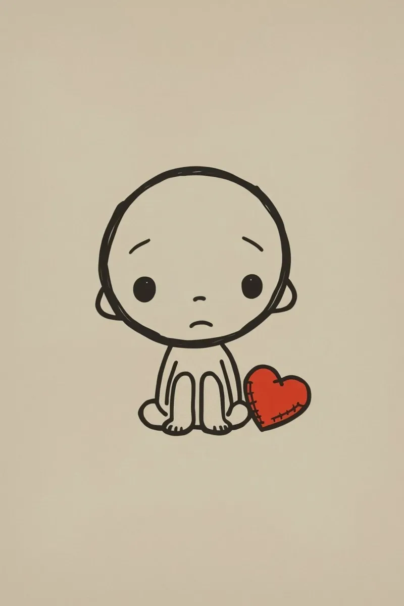 Ragazzo dei cartoni animati seduto accanto a un cuore rosso cucito poster con telaio in alluminio da DesignDoodle