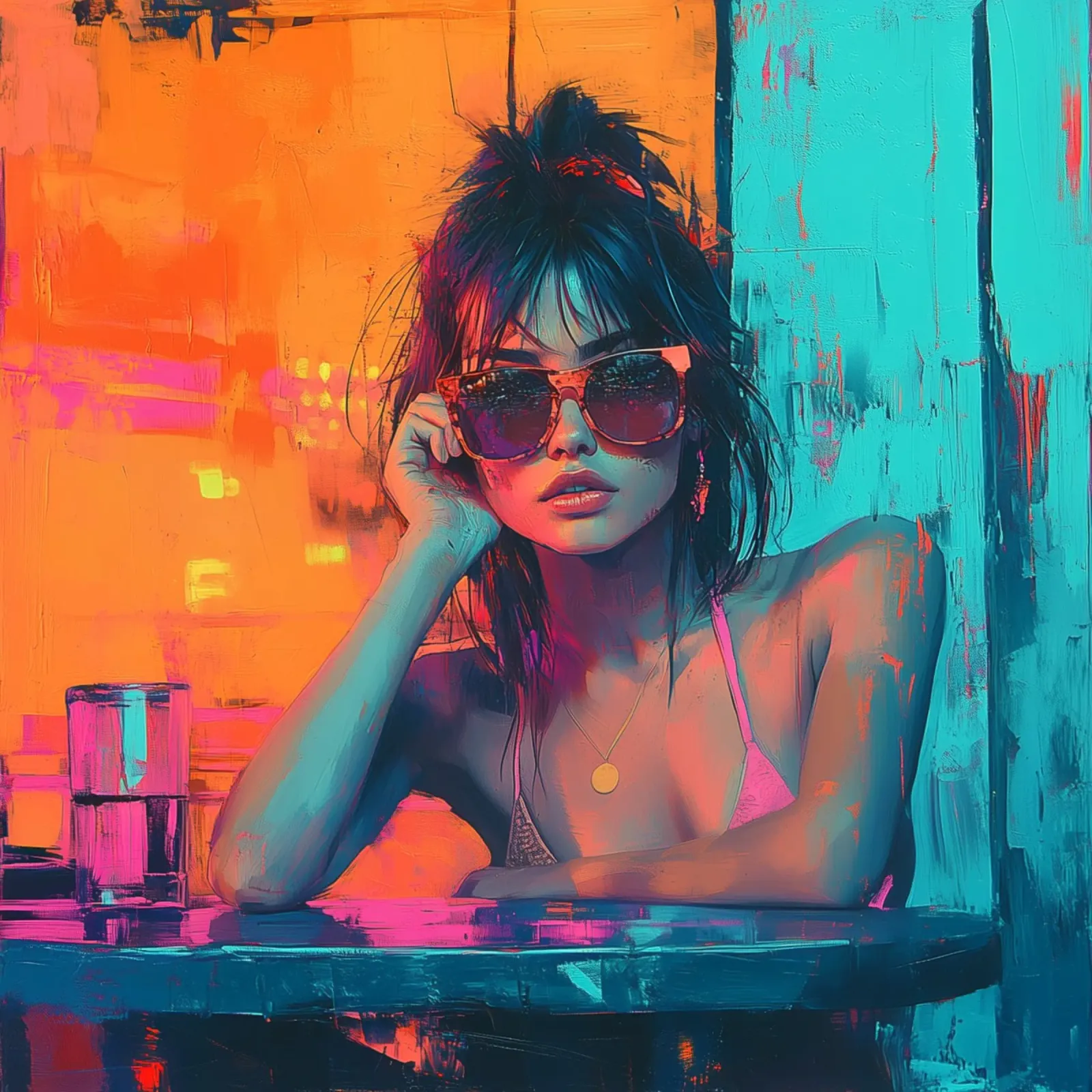 "Bikini After Hours" - Arte murale moderna in stile pop art poster con telaio in alluminio da Synthaira