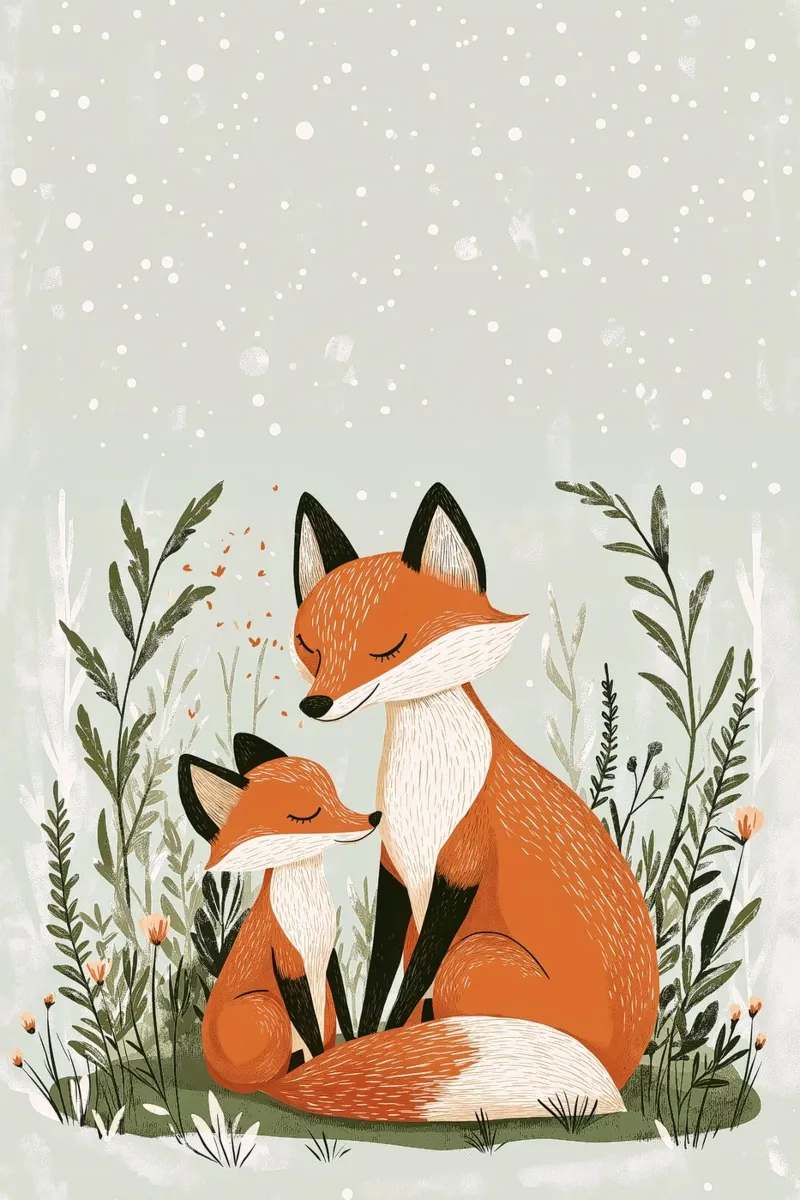 "Abbraccio d'inverno" - Stampa d'arte per la cameretta di una volpe e di un cucciolo di cane poster con telaio in legno da Synthaira