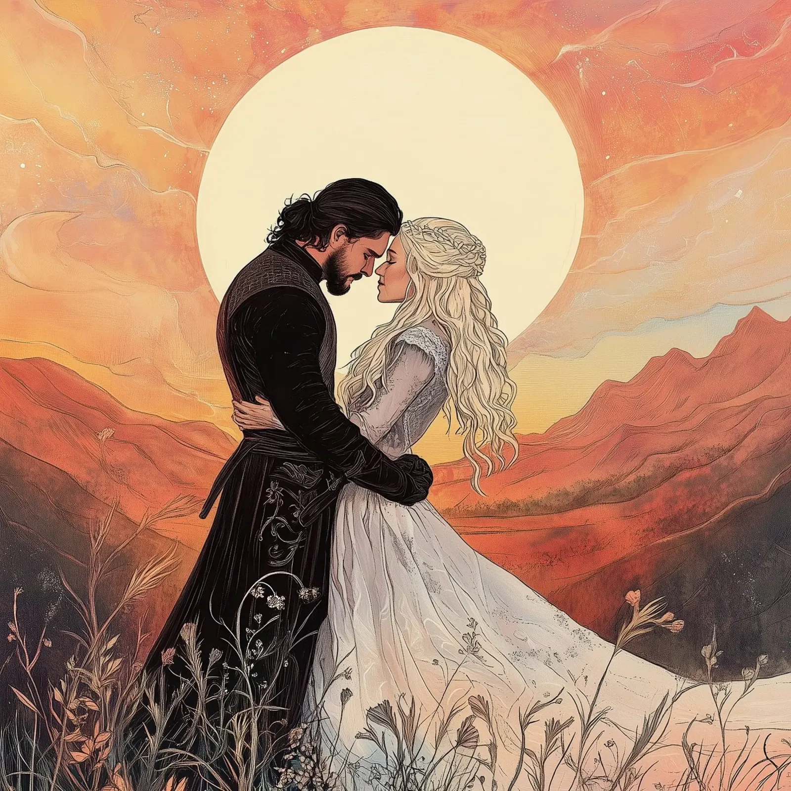 "IJs en vuur" - Epic Fantasy Romance Kunstdruk canvas met Baklijst van Synthaira