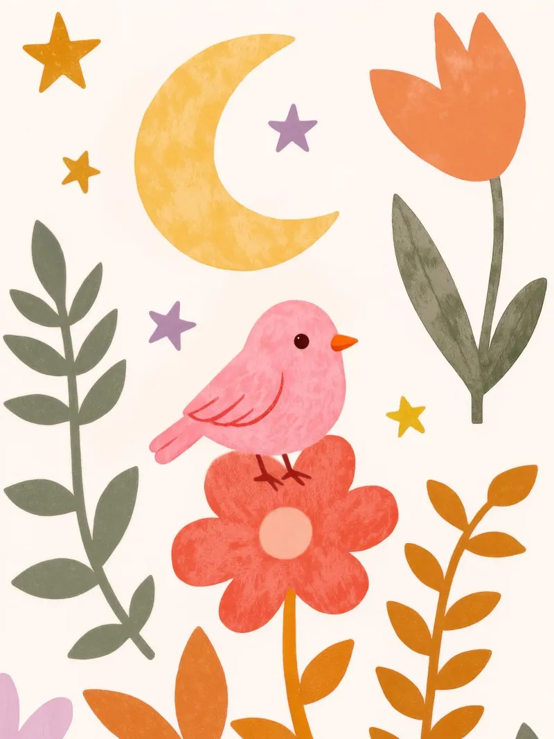 Boho Botanical Pink Bird and Moon Arte floreale da giardino poster con telaio in legno da Gentle Echoes Art