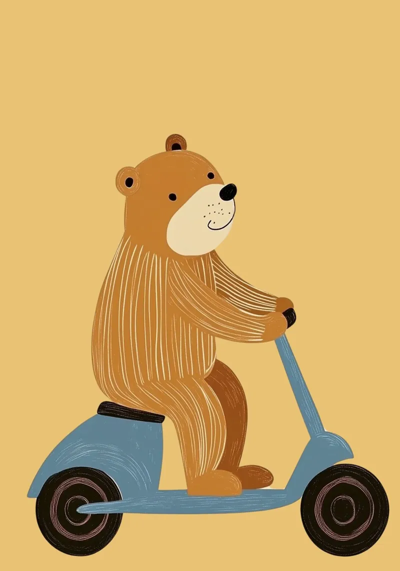 Stampa di un simpatico orso sul monopattino - Decorazione giocosa per la cameretta dei bambini poster con telaio in legno da vintagepod