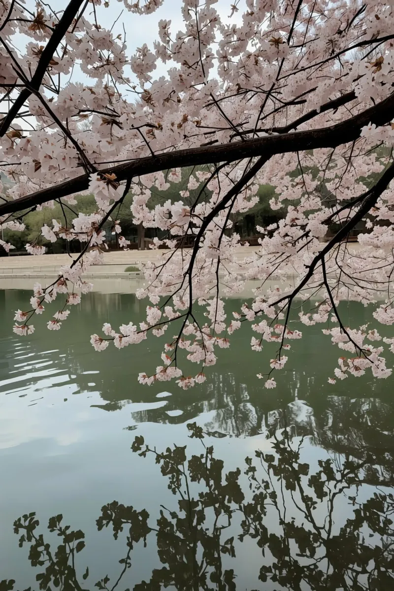 Rami di ciliegio in fiore sull'acqua con riflessi poster con telaio in plastica da DesignDoodle