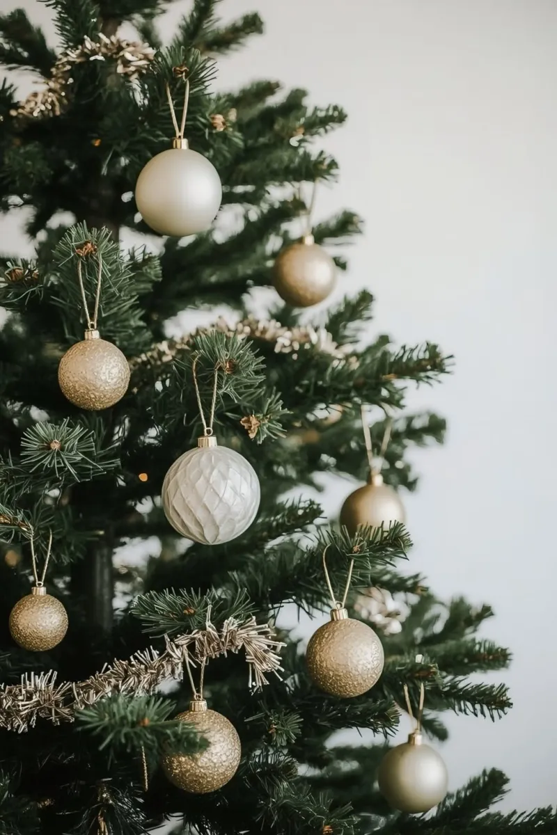 Albero di Natale decorato con ornamenti in oro e argento poster con telaio in plastica da DesignDoodle