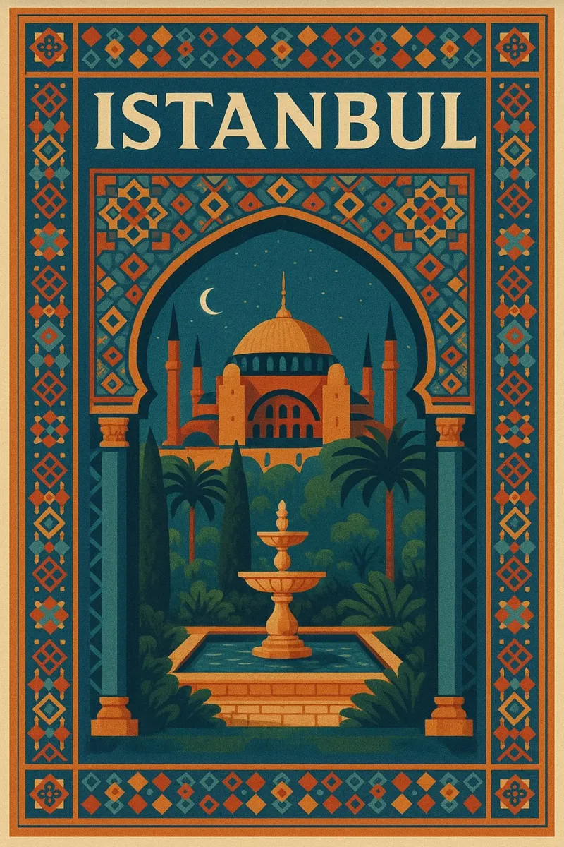 Istanbul - Poster d'epoca con moschea e fontana notturna poster con telaio in legno da JETLAG | affiches voyage