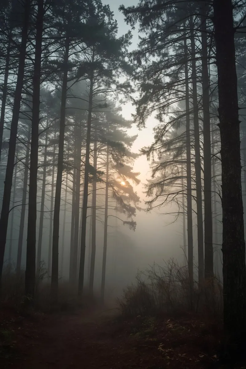 Paesaggio forestale con alberi alti e nebbia fitta poster con telaio in alluminio da DesignDoodle