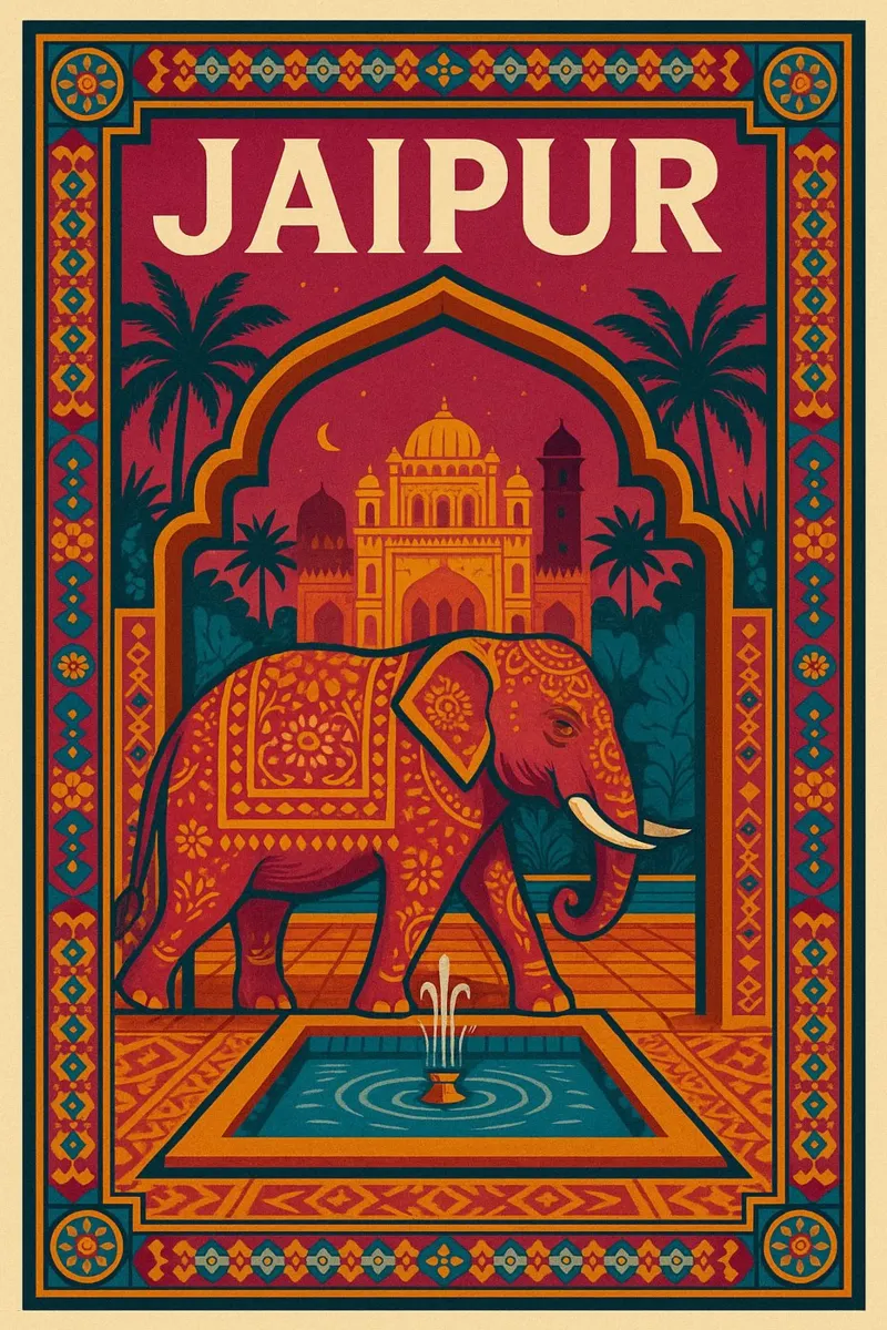 Jaipur - Poster d'epoca con elefante e palazzo indiano poster con telaio in legno da JETLAG | affiches voyage