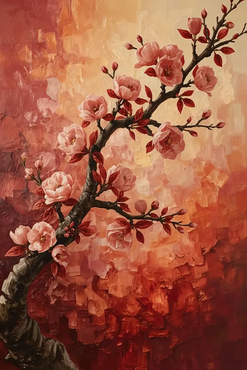 Pittura a olio di ramo in fiore con foglie rosse poster da DesignDoodle