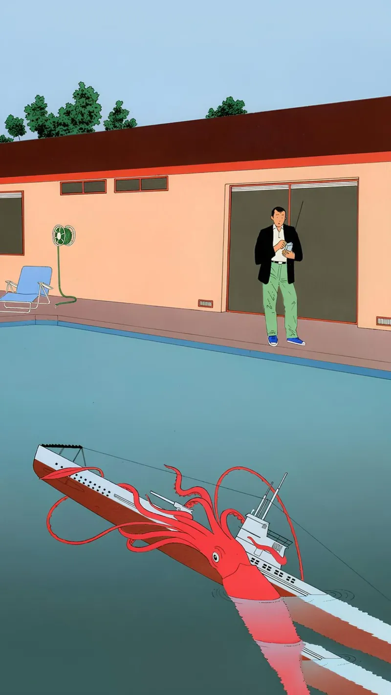 Oktopus U-Boot Pop Art, Surrealismus, Lustig Leinwand mit Schattenfugenrahmen von NorwesClub