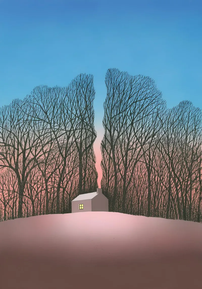 Lonely Cabin Surrealist Art, Moody Landscape canvas with Floater frame by NorwesClub