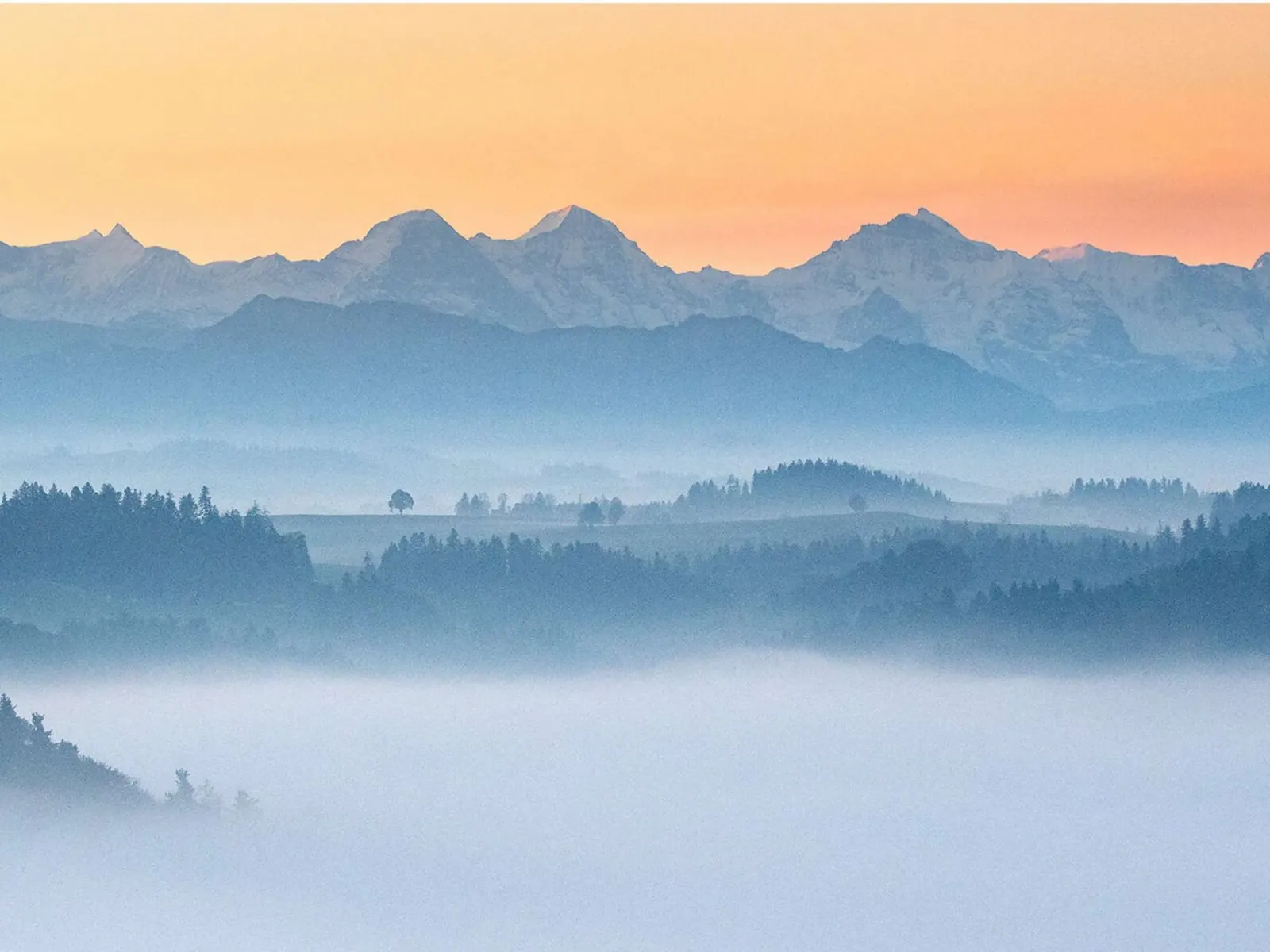 Eiger, Mönch e Jungfrau in una nebbiosa mattina d'autunno poster con telaio in alluminio da June Jordan