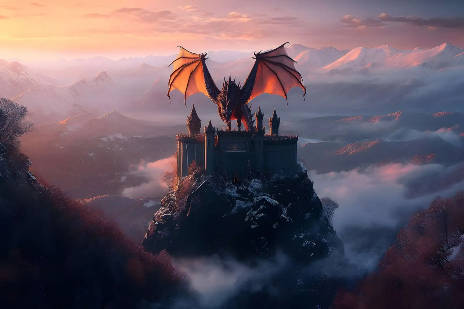Castello del Drago Fantastico poster con telaio in alluminio da John Boss