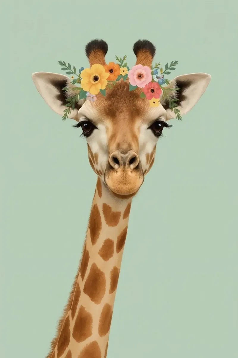 Ritratto di giraffa con corona di fiori su sfondo verde chiaro poster da DesignDoodle