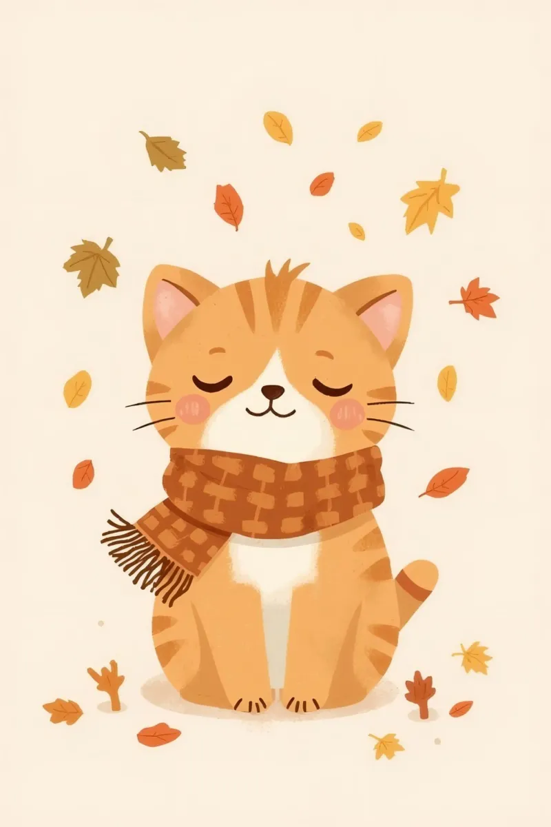 Gatto arancione con sciarpa e foglie d'autunno poster con telaio in legno da DesignDoodle