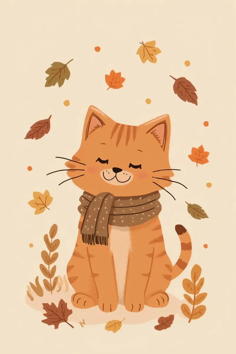 Gatto arancione con sciarpa e foglie d'autunno poster con telaio in legno da DesignDoodle