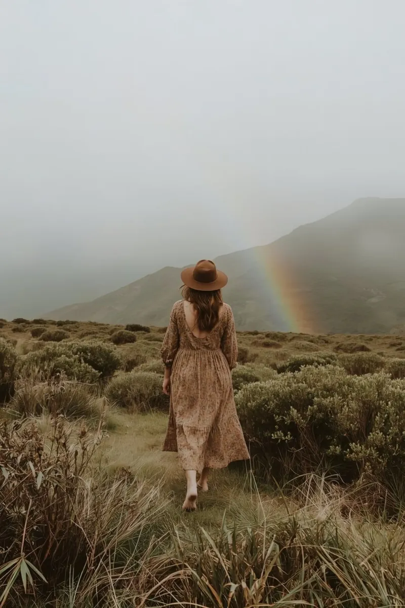 Donna che cammina verso l'arcobaleno in un paesaggio collinare tela con Cornice a cassetta da DesignDoodle