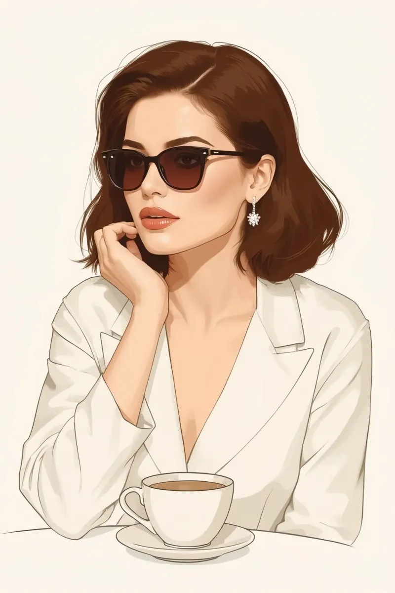 Donna con occhiali da sole, blazer e caffè illustrazione poster con telaio in plastica da DesignDoodle