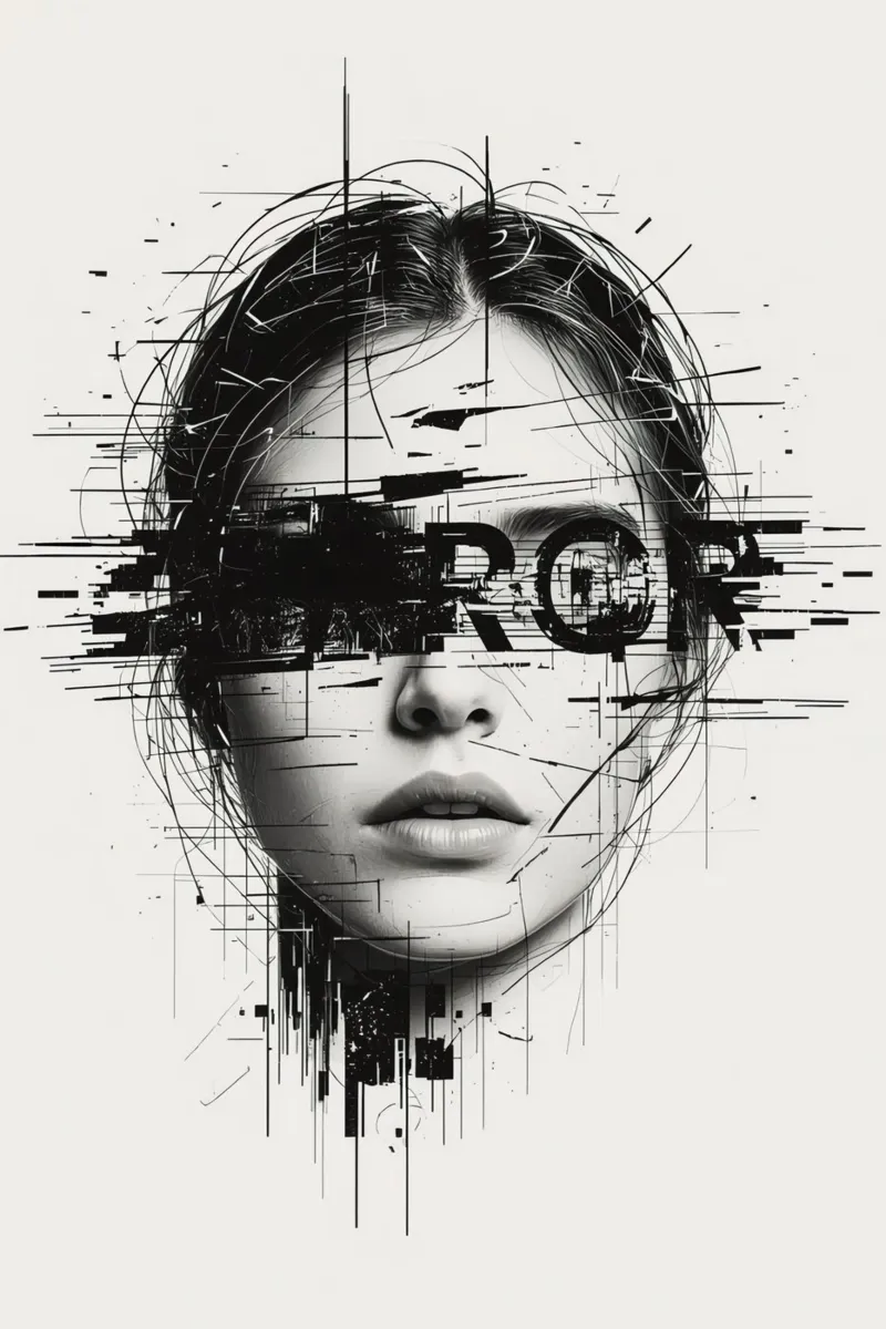 Woman's Face with Abstract Lines and error Overlay poster with wooden frame by DesignDoodle