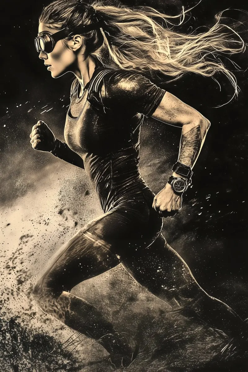 Adrenaline Rush: Steampunk atleet in beweging poster met aluminium frame van Synthaira