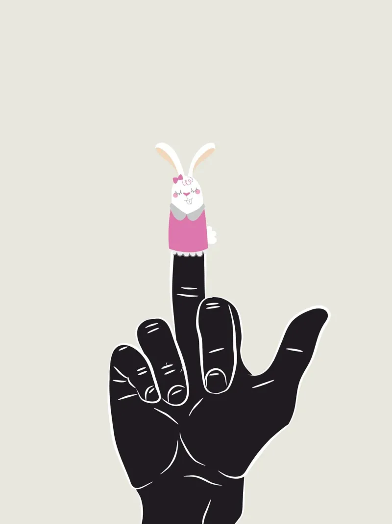 di una mano con il pupazzo da dito di un coniglietto poster con telaio in alluminio da dan band