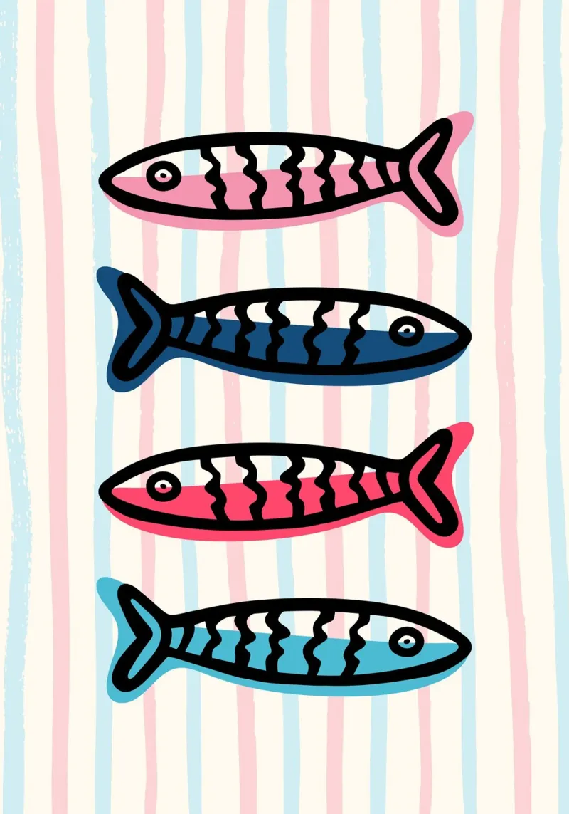 Sarde colorate, arredamento costiero, stile pop art poster con telaio in legno da vintagepod