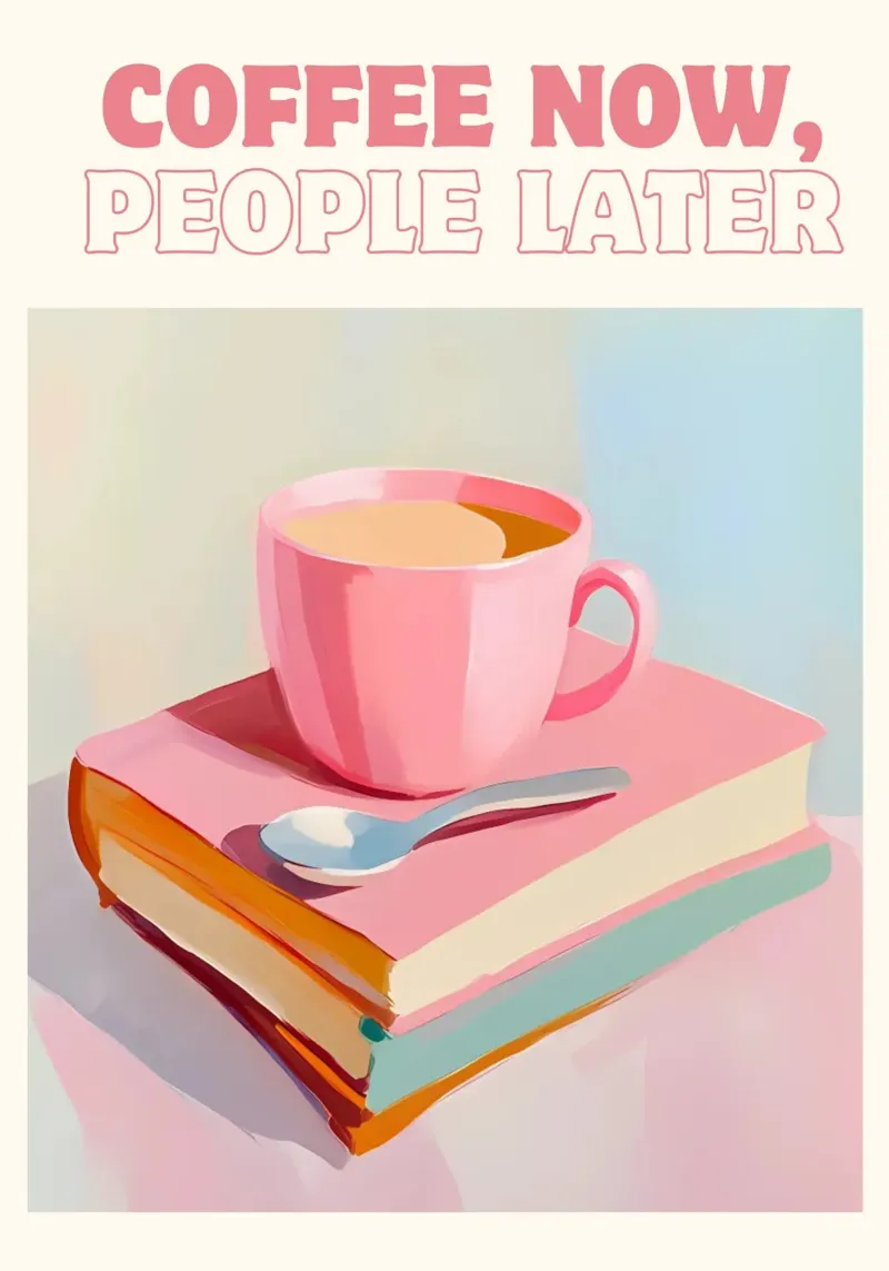 Koffie nu, mensen later, roze esthetiek, kunstdruk canvas met Baklijst van vintagepod