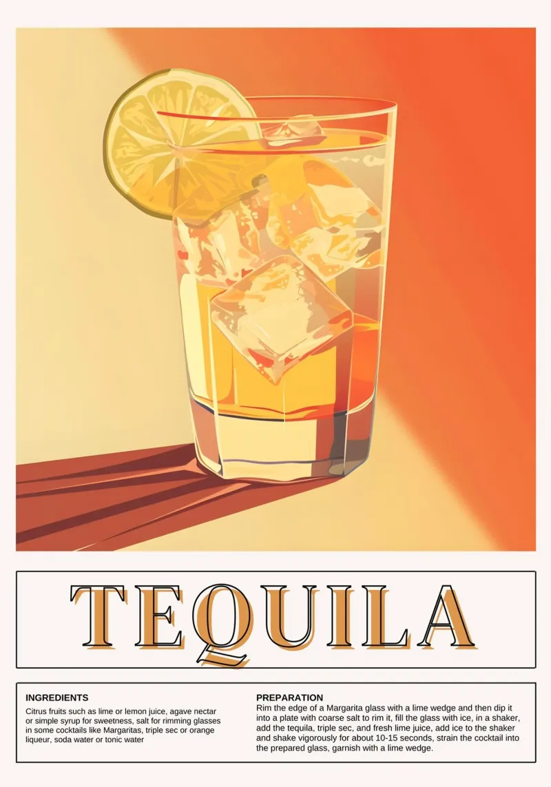 Tequila Cocktail Recipe, Bar Decor, Retro Print poster con telaio in plastica da vintagepod