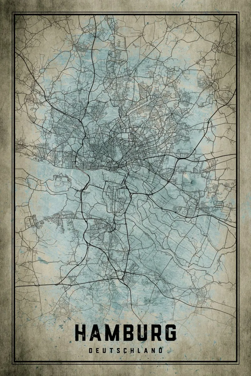 Muurschildering Hamburg - Abstracte stadsplattegrond in kunstvorm canvas met Baklijst van CityMapPoster