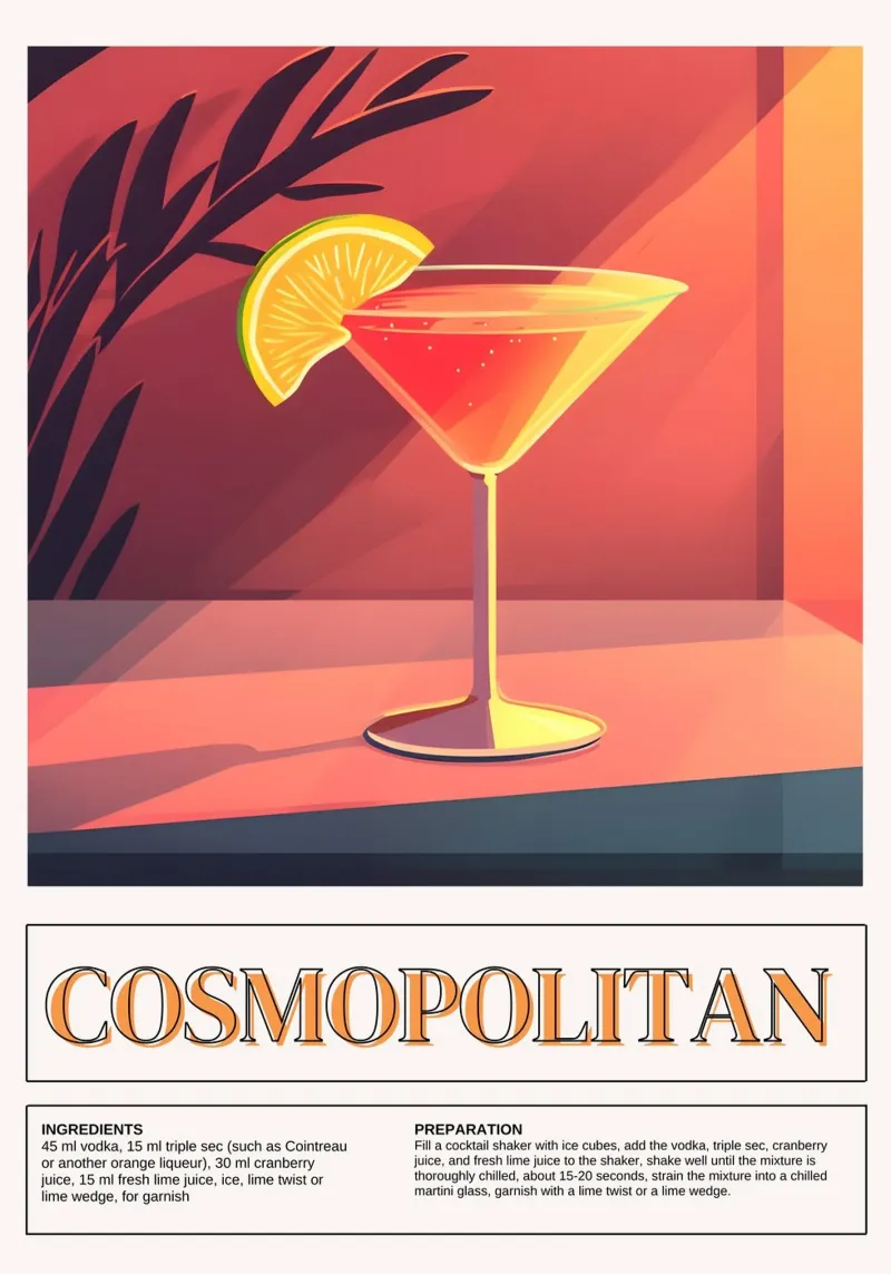 Cosmopolitan Cocktail, Bar Decor, Retro Print canvas met Baklijst van vintagepod