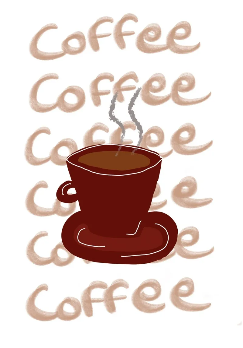 Caffè caffè caffè, decorazioni per la cucina, arte del mattino poster con telaio in plastica da vintagepod