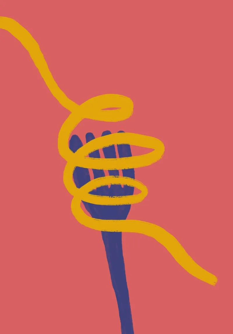 Noodles on a Fork, Abstract Food, Pasta Art canvas with Floater frame by vintagepod
