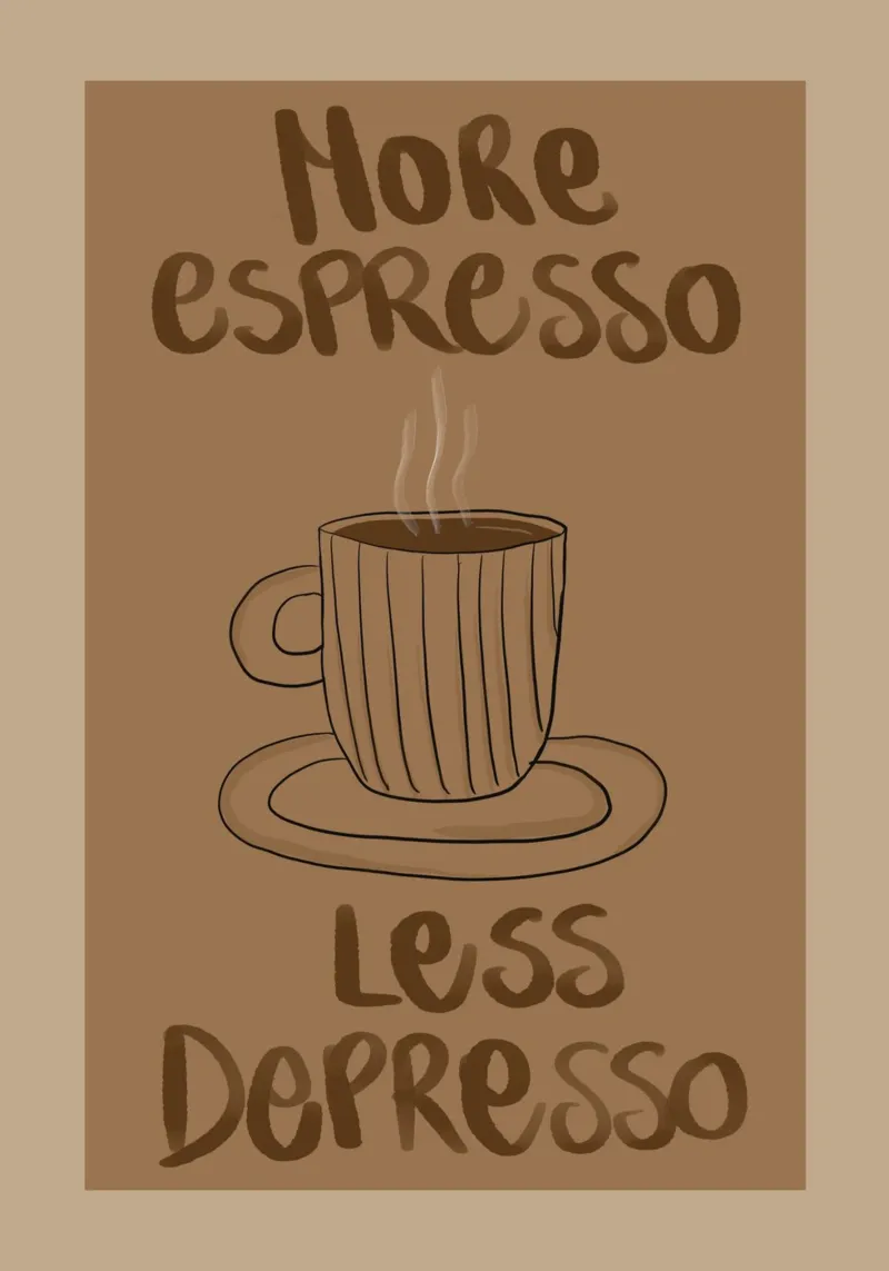 Mehr Espresso, weniger Depresso, Zitat Kaffee Poster mit Aluminium Rahmen von vintagepod