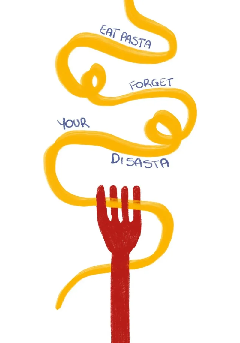 Essen Sie Pasta, vergessen Sie Ihren Disasta, lustiges Zitat Poster mit Kunststoffrahmen von vintagepod