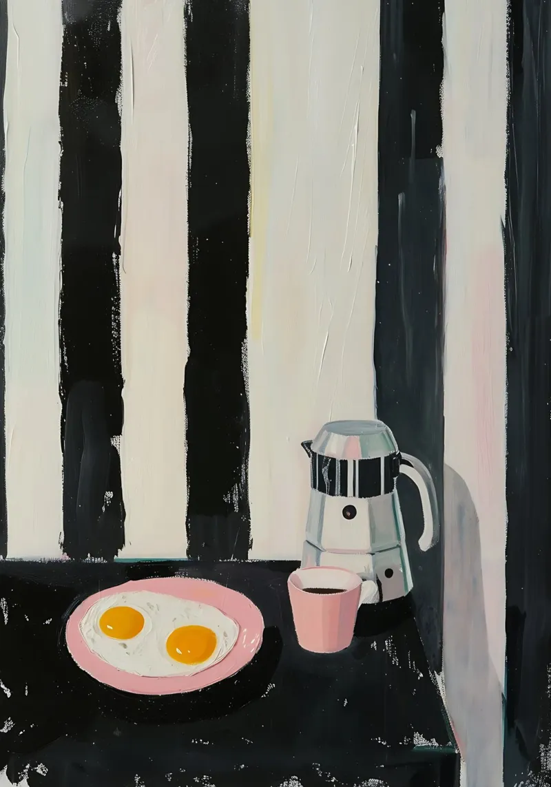 Ontbijt Stilleven, Eieren en Koffie, Moderne Kunst canvas met Baklijst van vintagepod