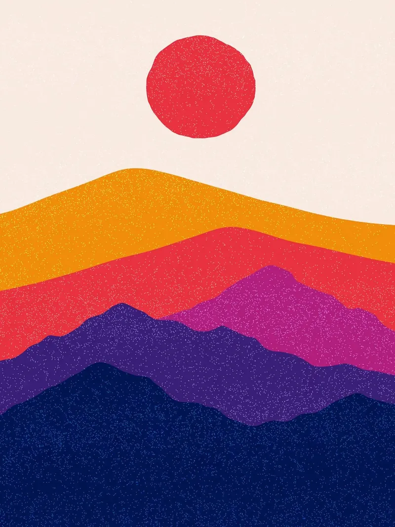 Paesaggio montano colorato con il sole poster con telaio in legno da Maria Lang