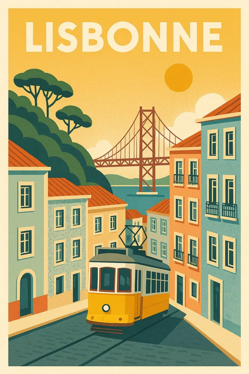 Poster d'epoca di LISBONA - Tram giallo e fascino portoghese poster con telaio in plastica da JETLAG | affiches voyage