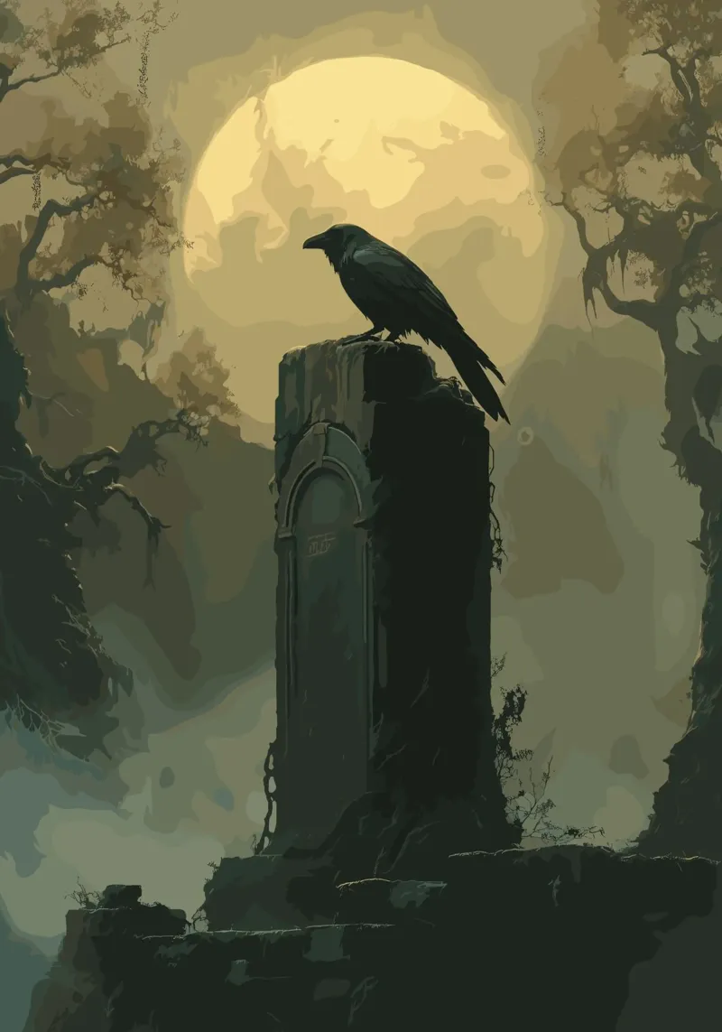 Corvo su un'antica lapide poster con telaio in legno da pixelbull - medieval art and more