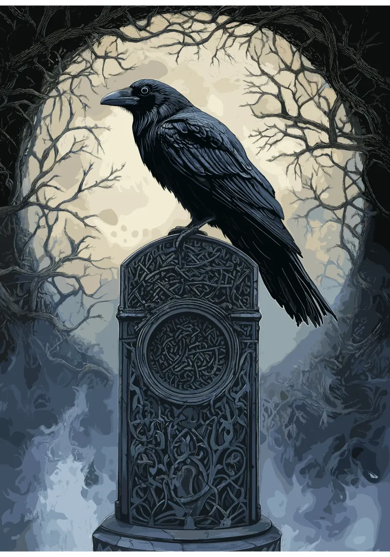 Corbeau sur une ancienne stèle funéraire poster avec cadre en plastique de pixelbull - medieval art and more